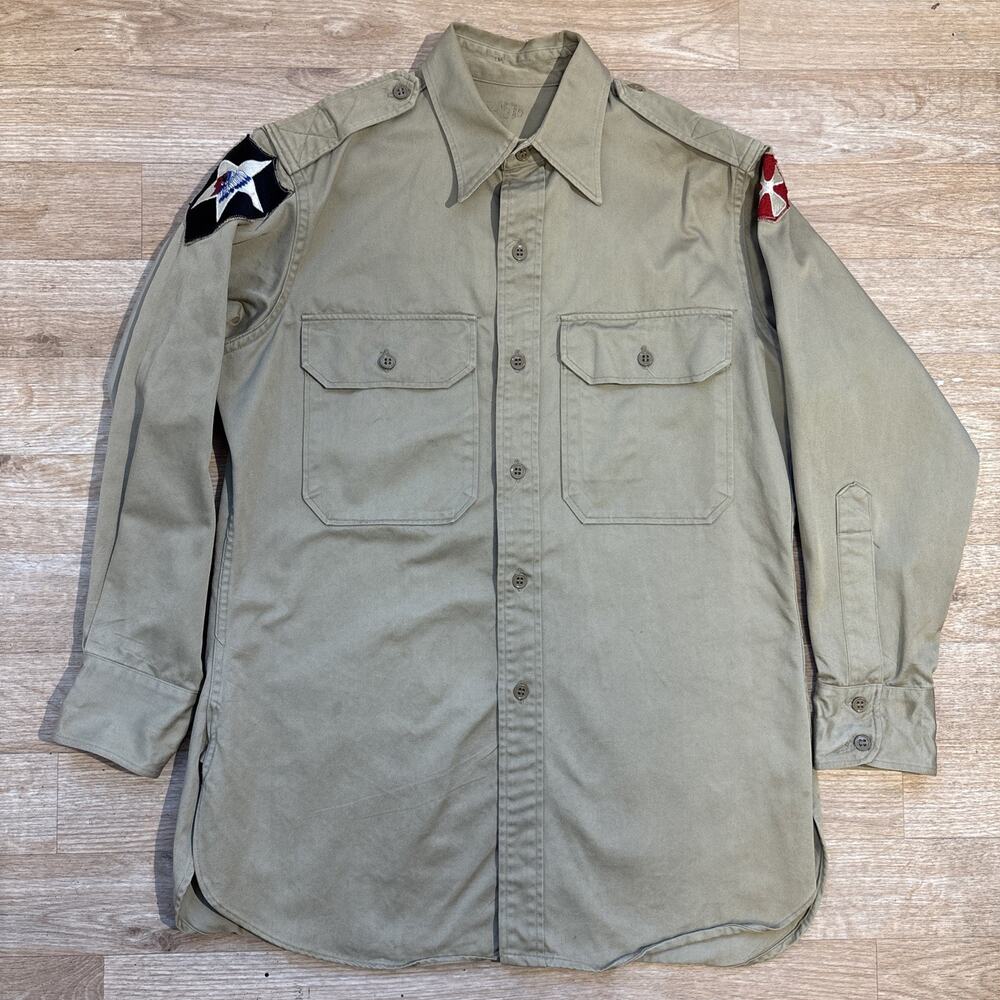 Vtg 1951 US Army Khaki Cotton Uniform Shirt Patch Apache Indian Head Infantry